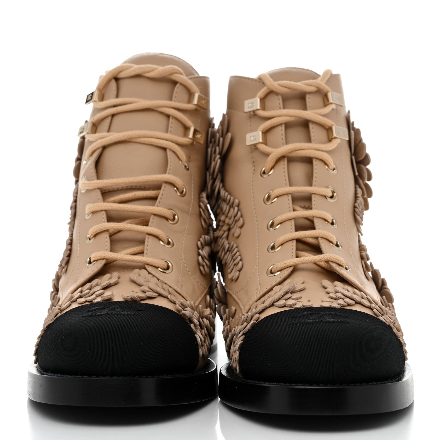 Chanel Embroidered Lambskin Grosgrain Lace Up Boots 40 Beige Black 2 of 8