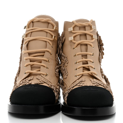 Chanel Embroidered Lambskin Grosgrain Lace Up Boots 40 Beige Black 2 of 8