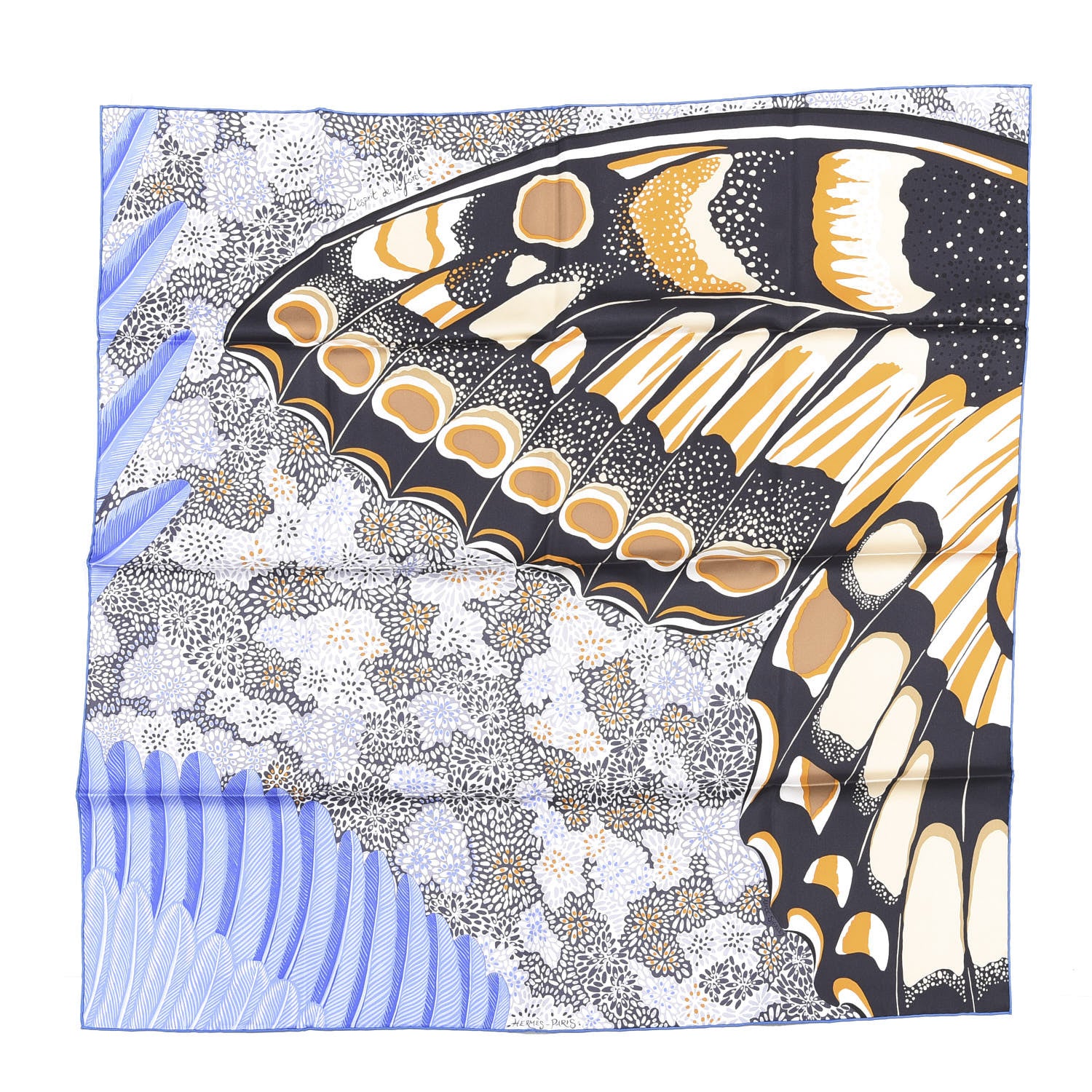 Hermes Silk L'Esprit De La Foret Scarf 90 Black Ocre Bleu Lavande 1 of 4