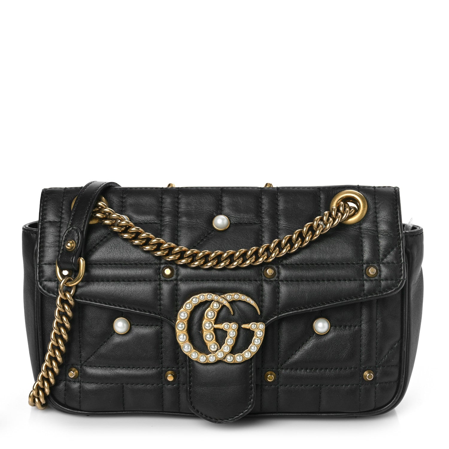 Gucci Calfskin Matelasse Studded Small Pearly GG Marmont Shoulder Bag Black 1 of 14