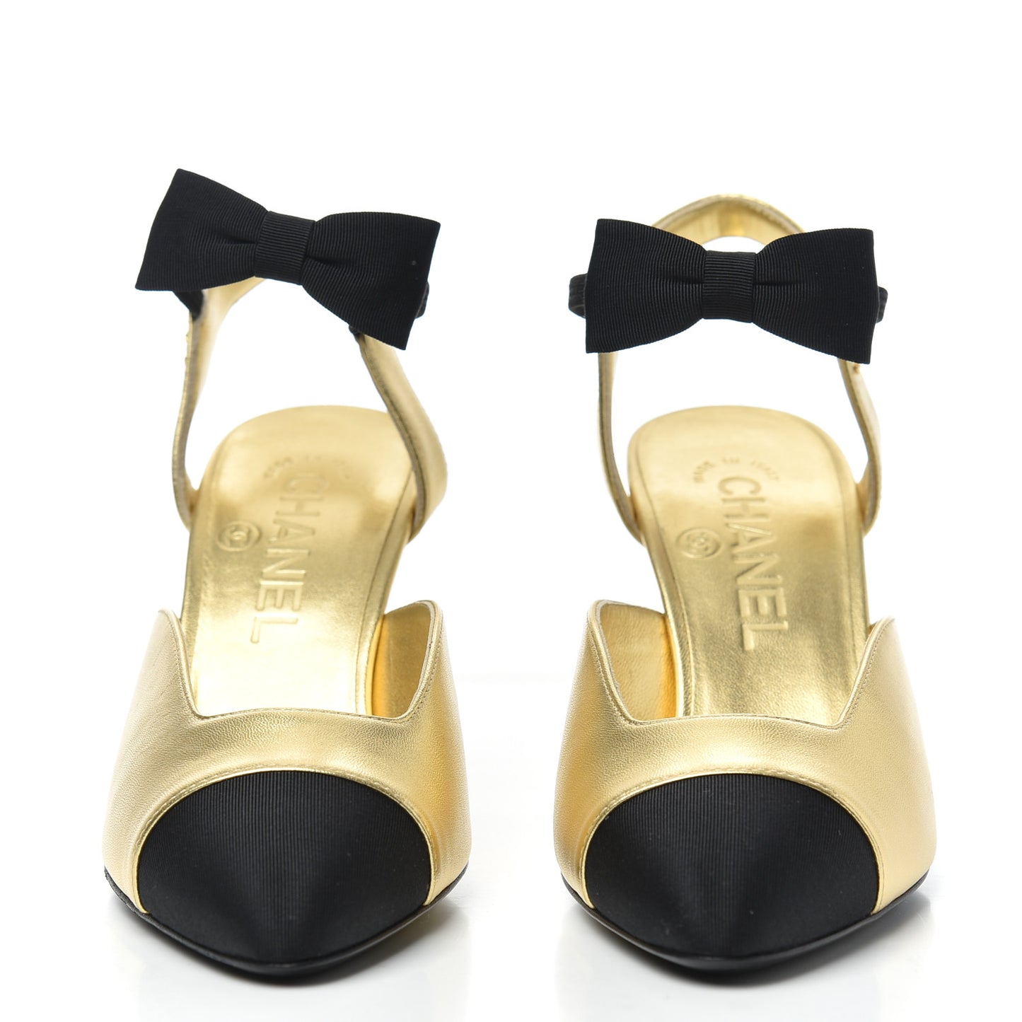 Laminated Lambskin Grosgrain Cap Toe CC Pumps 36 Gold Black