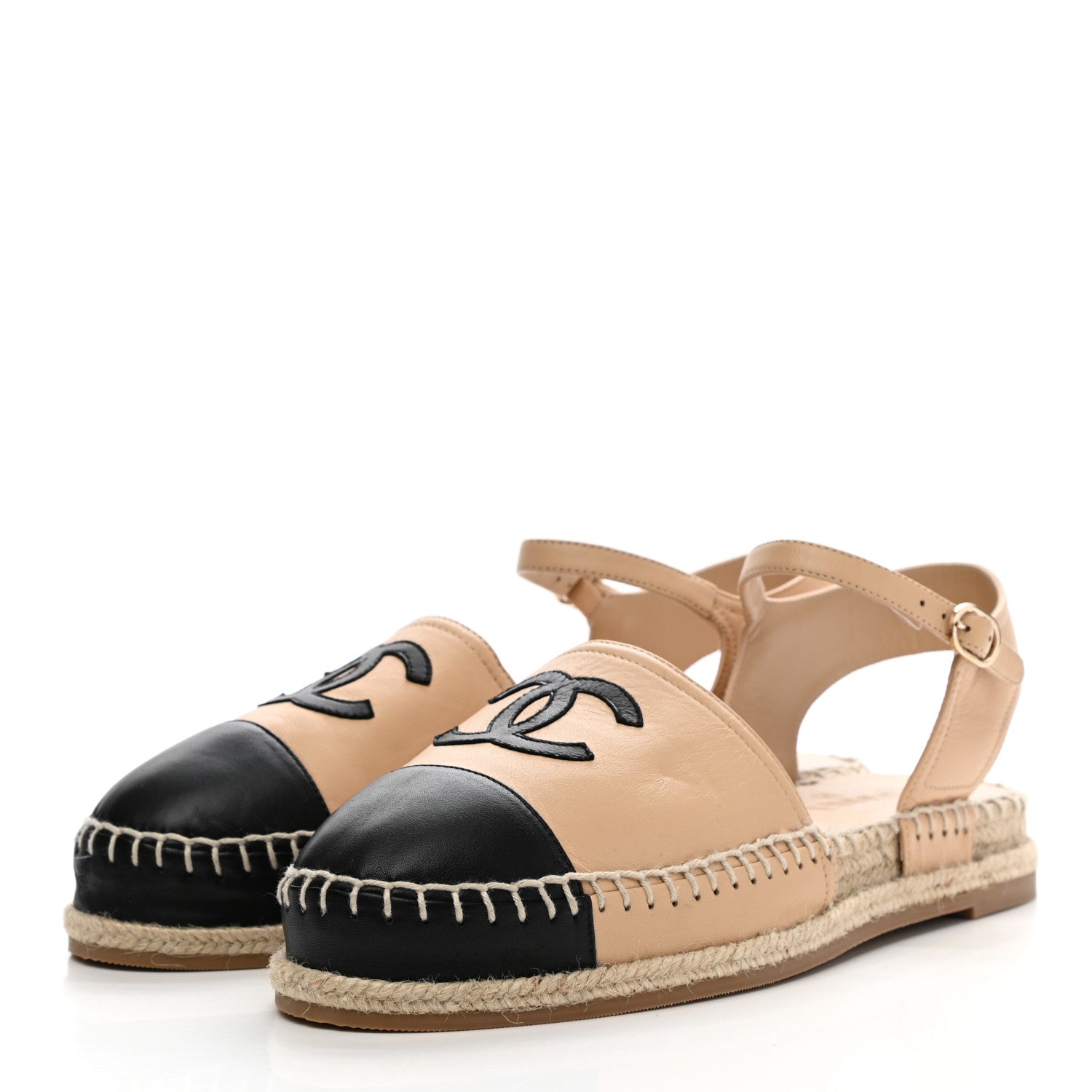 Chanel Lambskin Cap Toe CC Espadrille Sandals 40 Beige Black 3 of 10