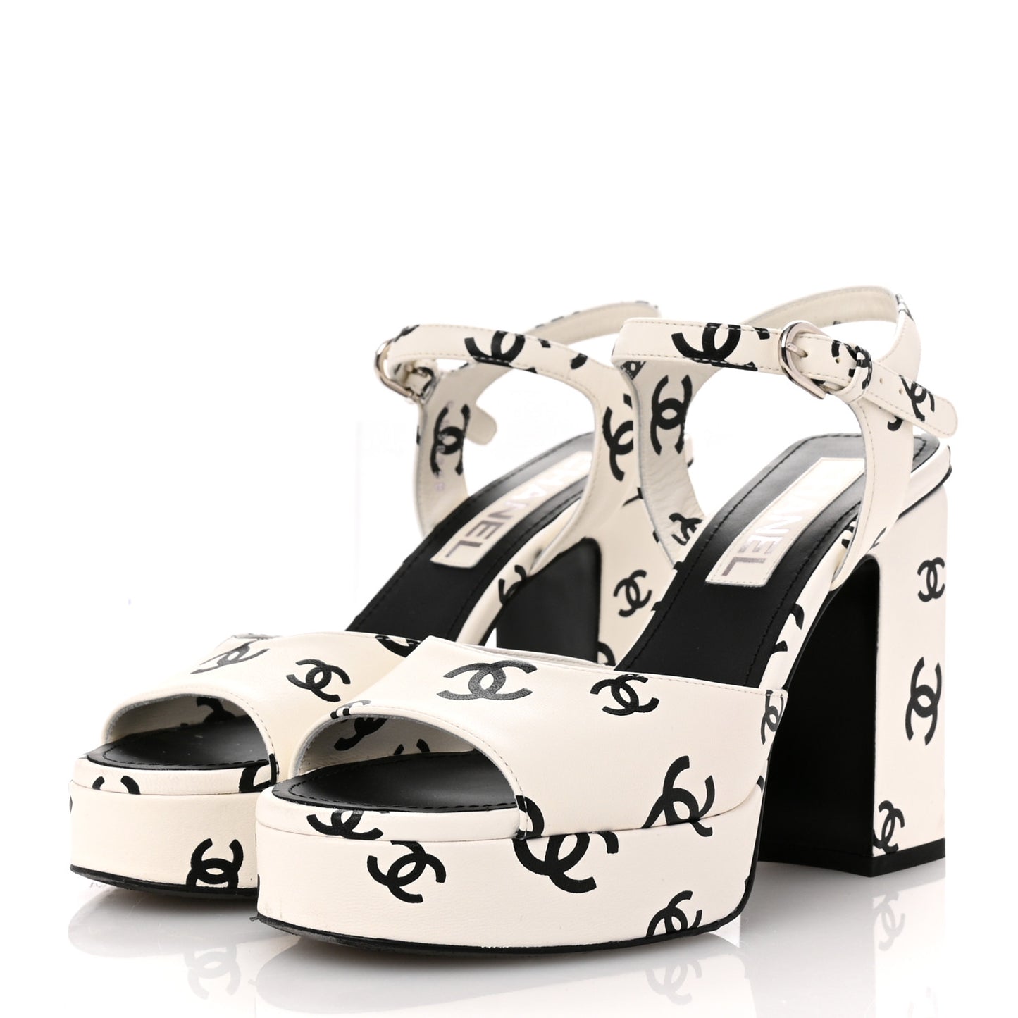 Printed Lambskin CC Platform Sandals 37 White Black