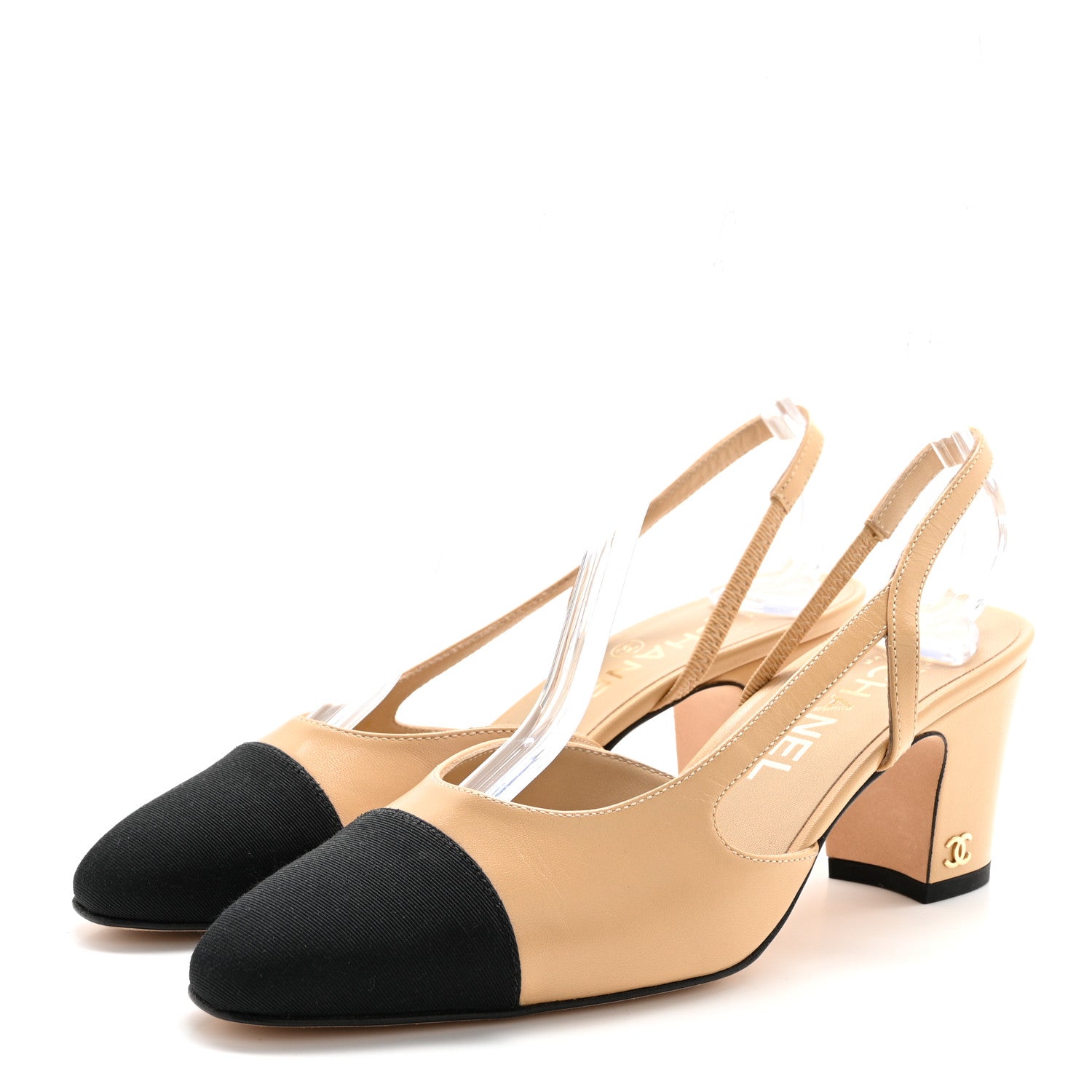 Chanel Goatskin Grosgrain Cap Toe CC Slingback Pumps 36.5 Beige Black 3 of 10