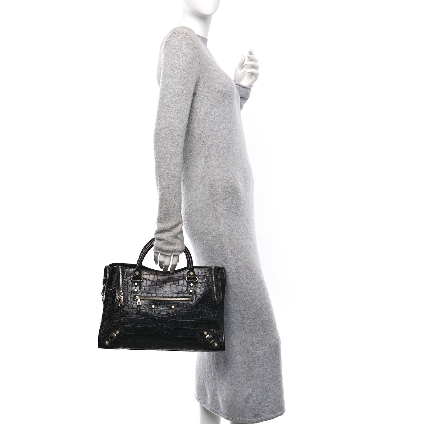 Calfskin Crocodile Embossed Giant 12 Gold Hardware City Black