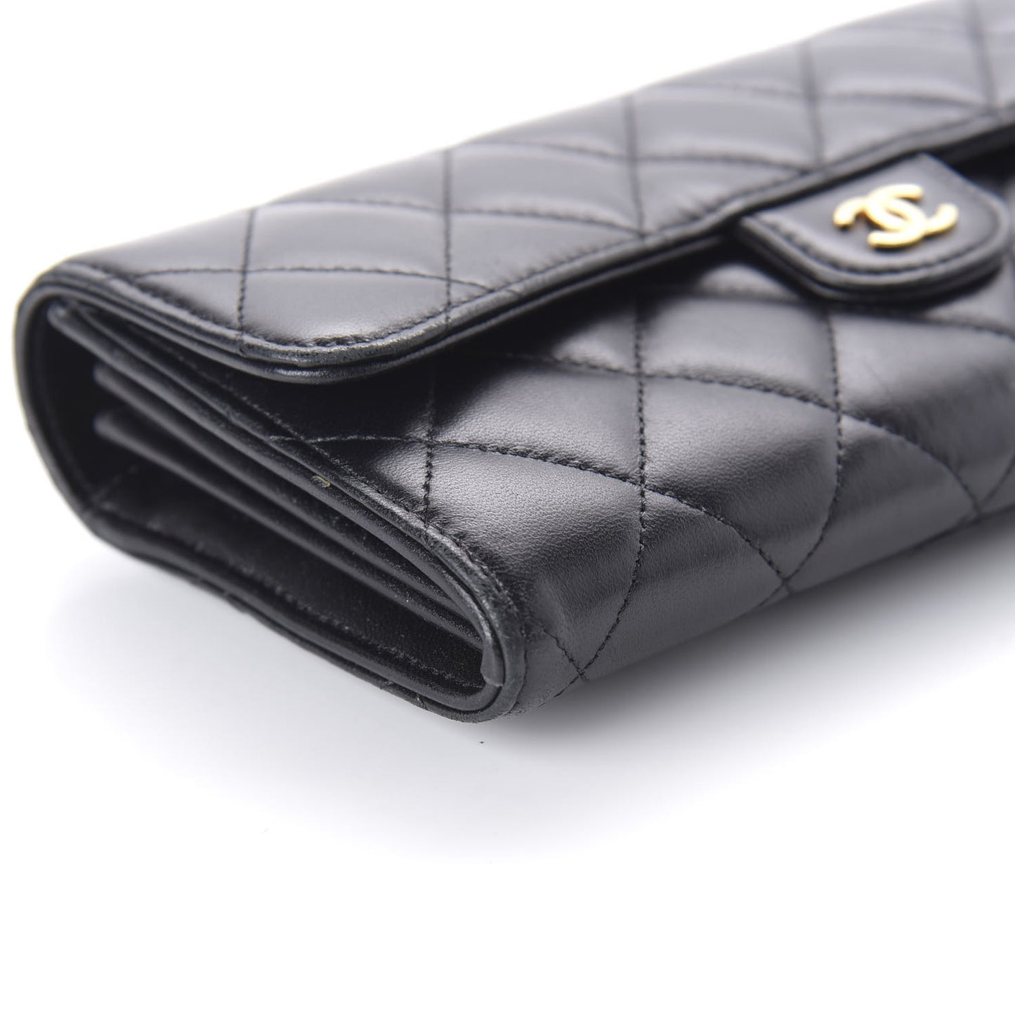 Lambskin Quilted Large Gusset Flap Wallet Black