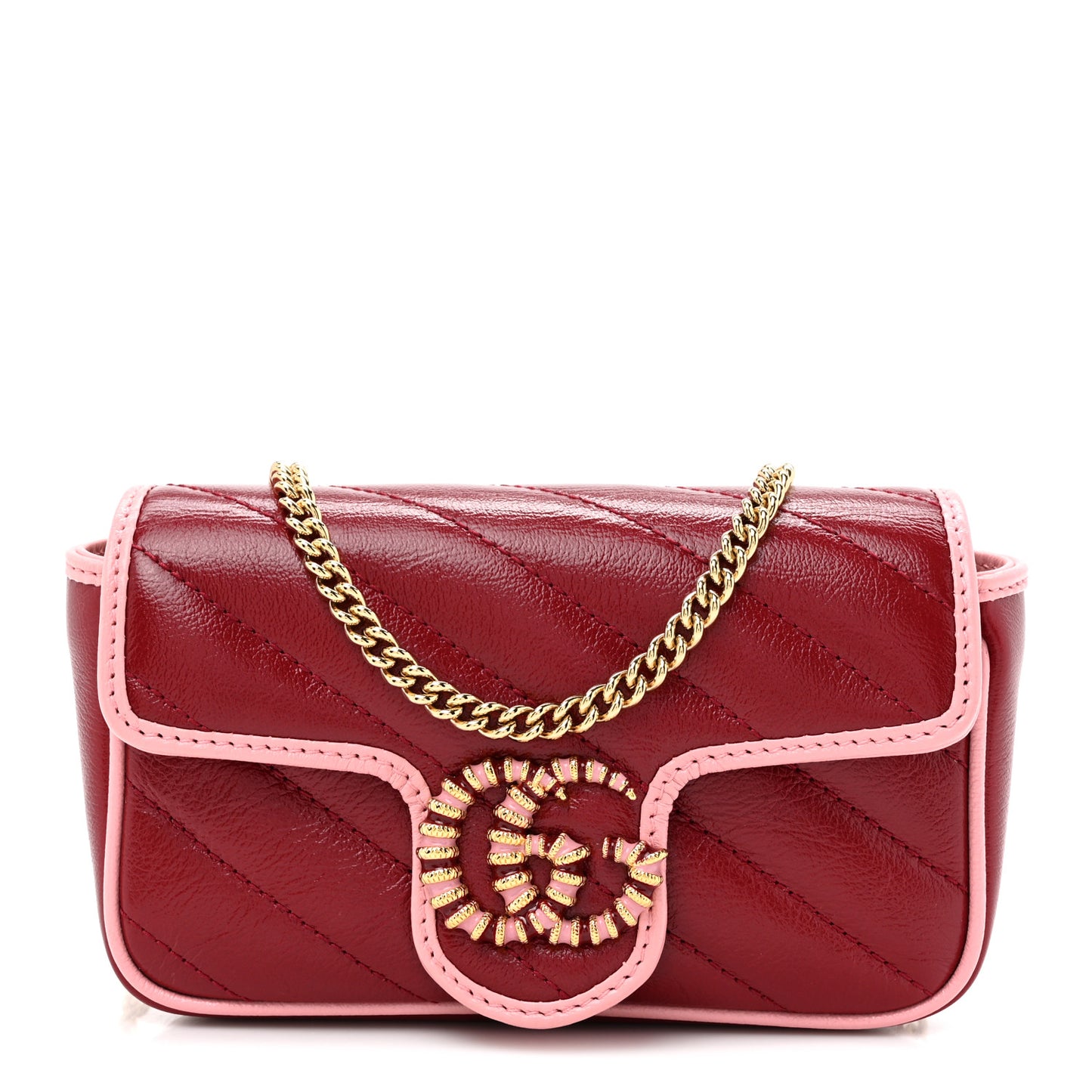 Azalea Calfskin Enamel Matelasse Diagonal Super Mini Torchon GG Marmont Shoulder Bag New Cherry Red Wild Rose