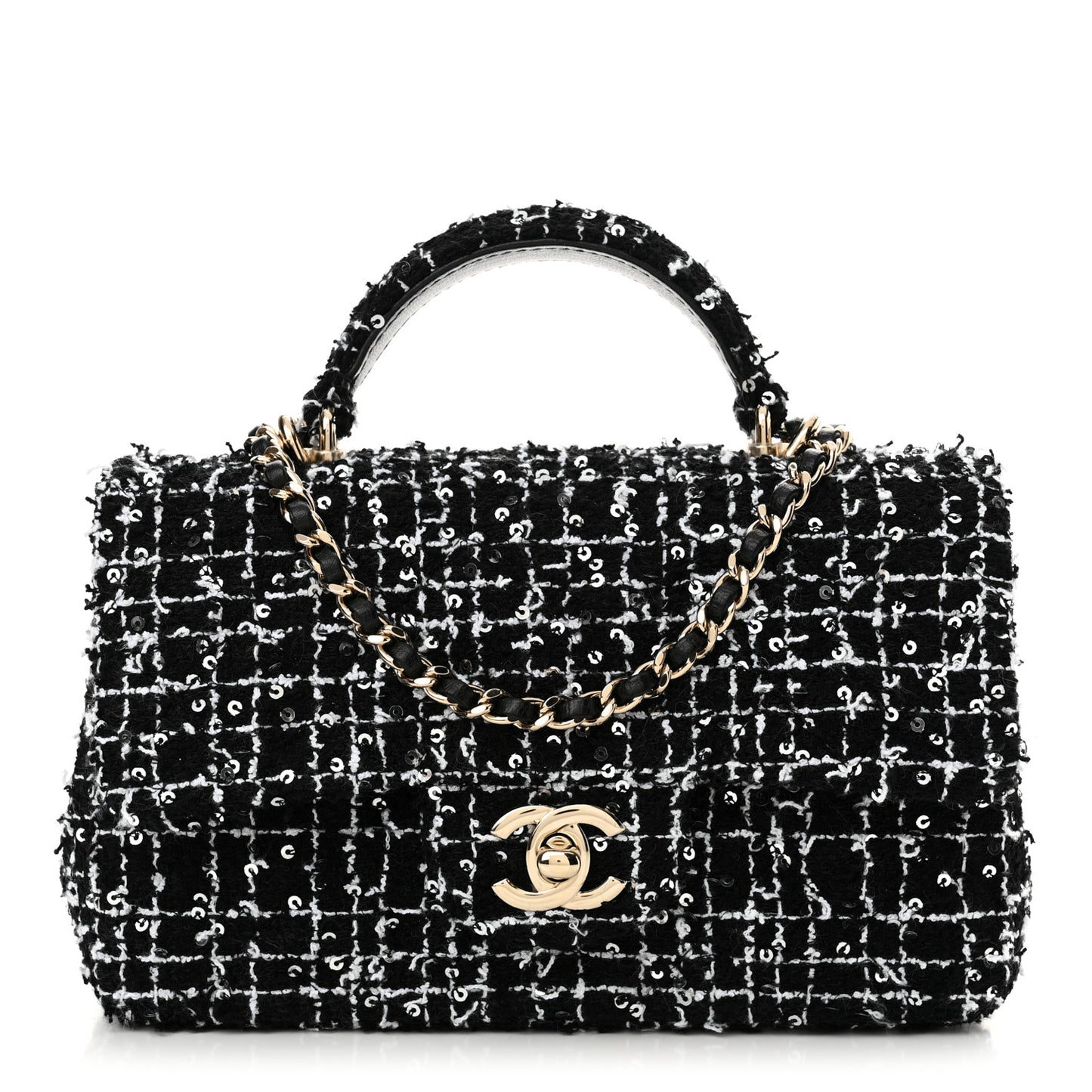 Tweed Quilted Mini Top Handle Rectangular Flap Black White