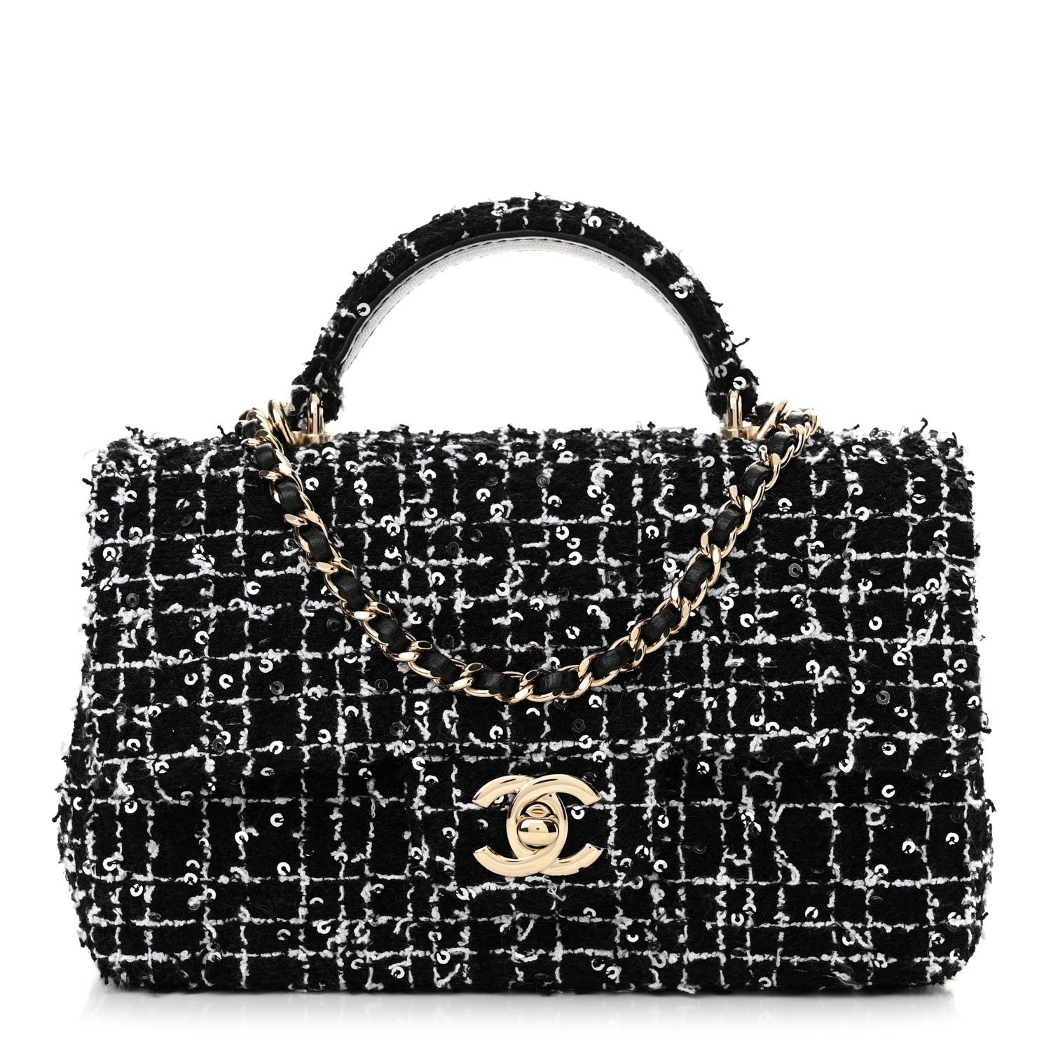 Chanel Tweed Quilted Mini Top Handle Rectangular Flap Black White 1 of 11