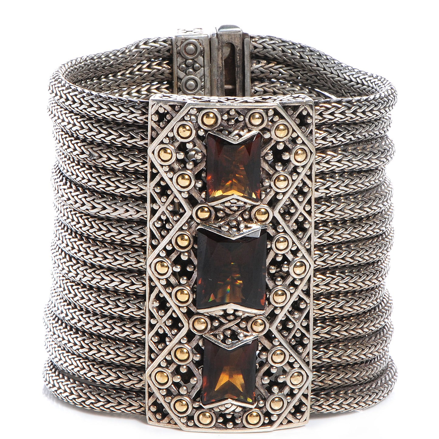 Sterling Silver 18k Gold Cognac Quartz Batu Sari Wide Bracelet