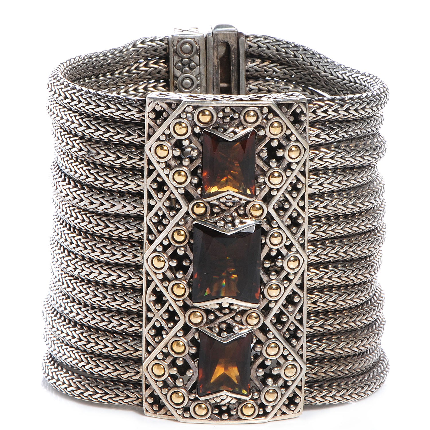 John Hardy Sterling Silver 18k Gold Cognac Quartz Batu Sari Wide Bracelet 1 of 6