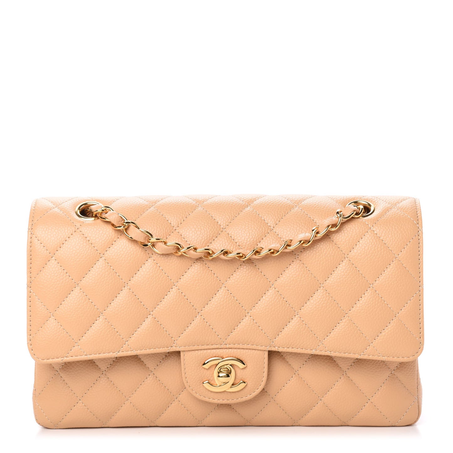 Caviar Quilted Medium Double Flap Beige