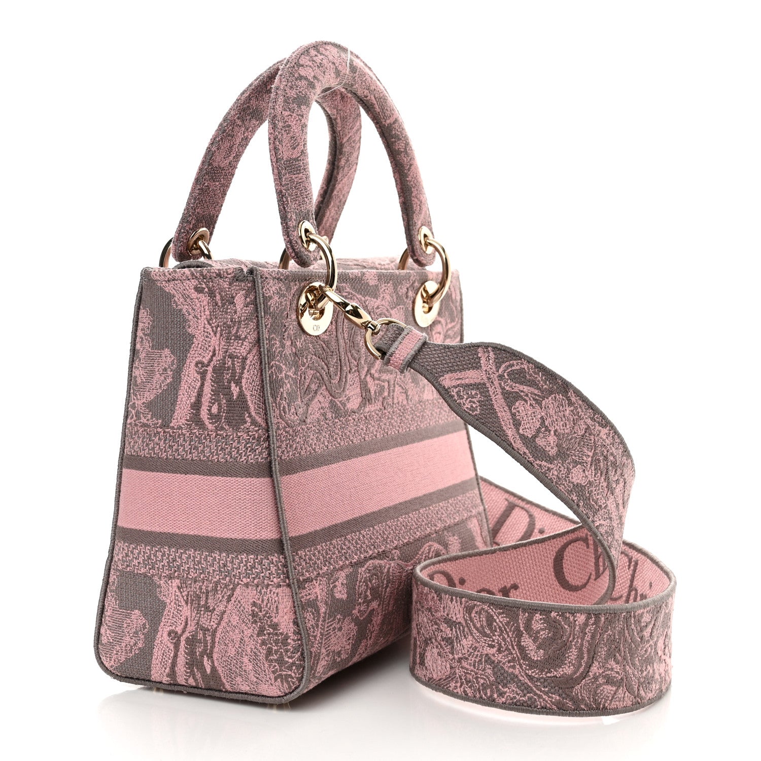 Christian Dior Canvas Toile De Jouy Embroidered Medium Lady D-Lite Gray Pink 3 of 13