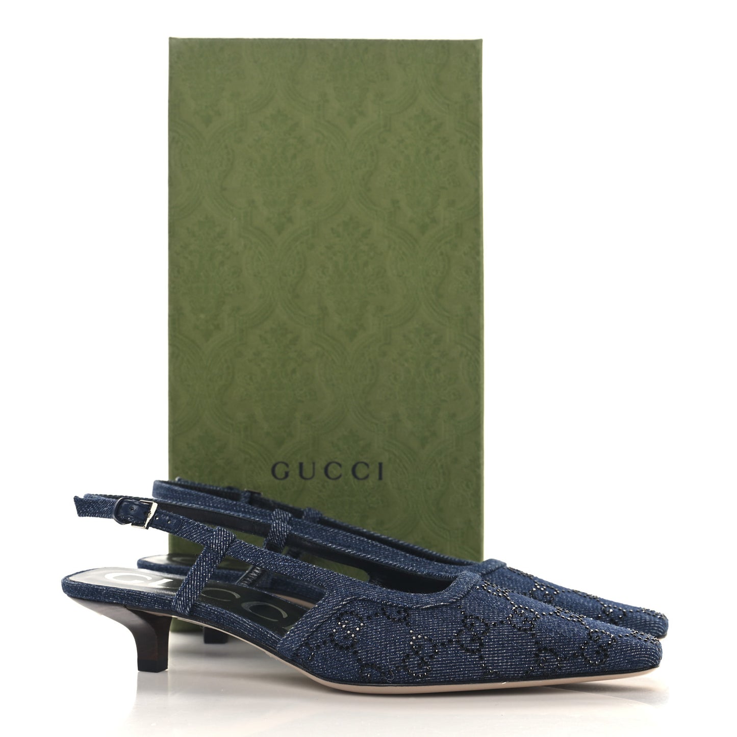 Denim GG Monogram Malaga Kid Crystal Square G 35mm Slingback Pumps 37.5 Blue