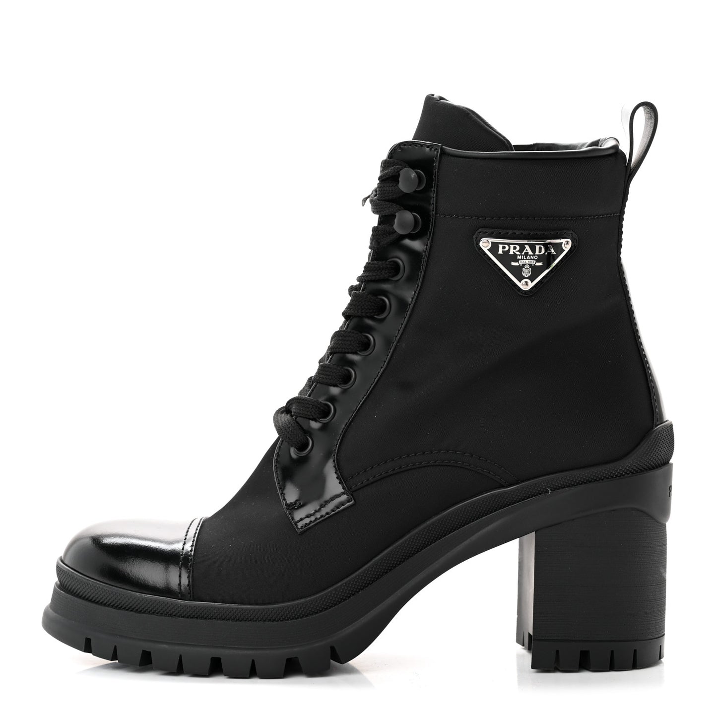 Spazzolato Re-Nylon Metal Triangle Logo Lace Up 55mm Ankle Boots 39.5 Black