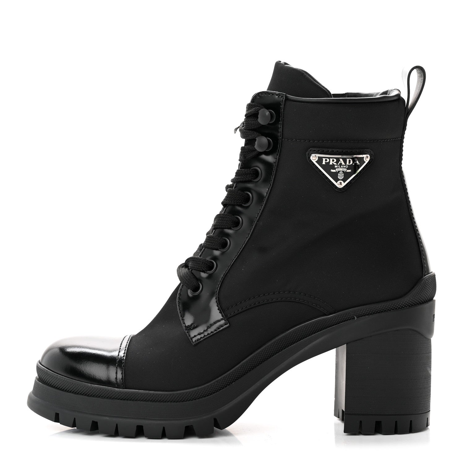 Prada Spazzolato Re-Nylon Metal Triangle Logo Lace Up 55mm Ankle Boots 39.5 Black 1 of 13