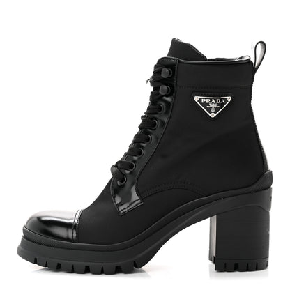 Prada Spazzolato Re-Nylon Metal Triangle Logo Lace Up 55mm Ankle Boots 39.5 Black 1 of 13