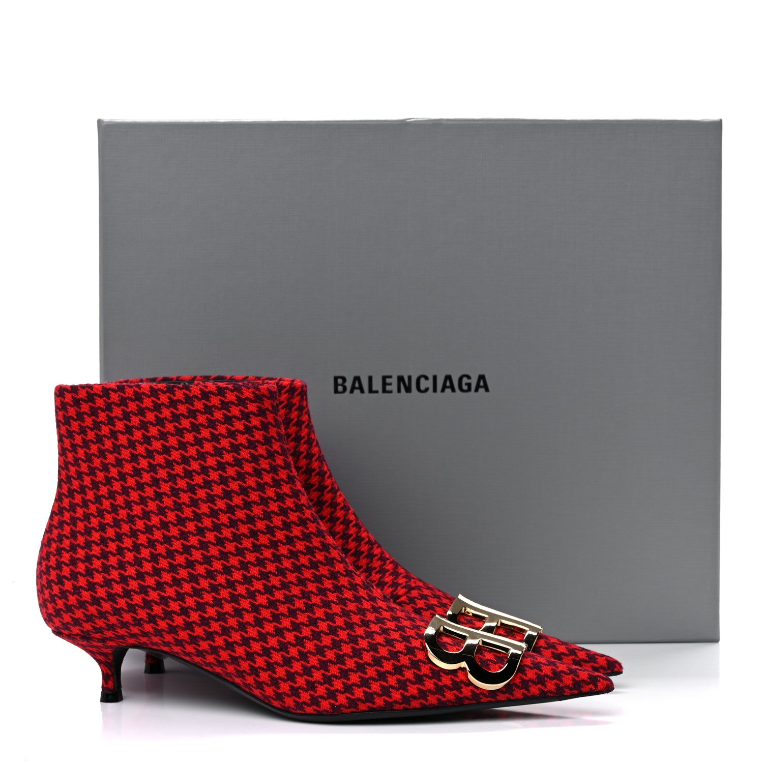 Balenciaga Wool Houndstooth BB Pointy Toe Ankle Booties 37.5 Red Black Gold 9 of 9