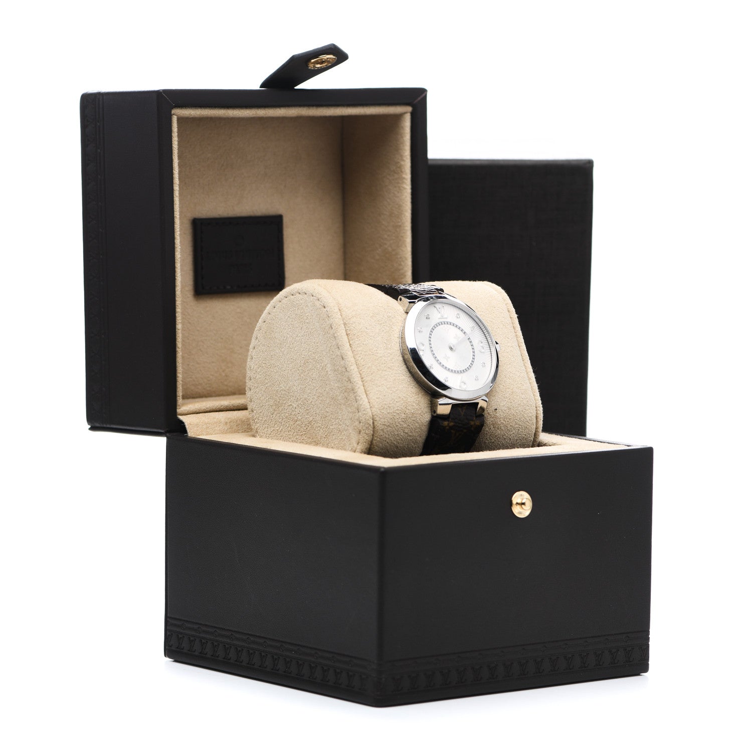 Louis Vuitton Stainless Steel Monogram Diamond 33mm Tambour Slim Quartz Watch 5 of 5