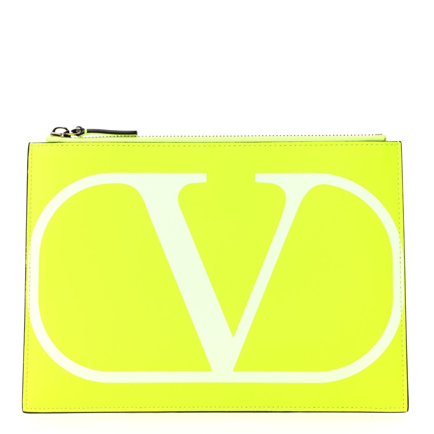 Calfskin Large VLogo Flat Zip Pouch Lime White