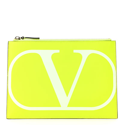 Valentino Garavani Calfskin Large VLogo Flat Zip Pouch Lime White 1 of 7