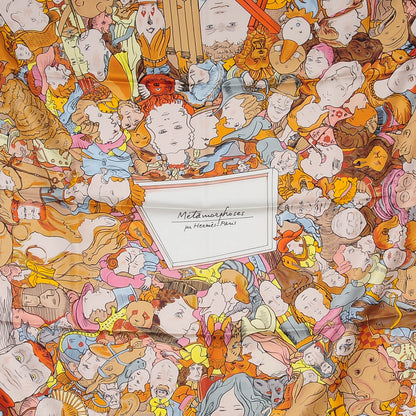 Hermes Silk Metamorphoses Par Paris Scarf 90 Cendre Brun Jaune 1 of 8