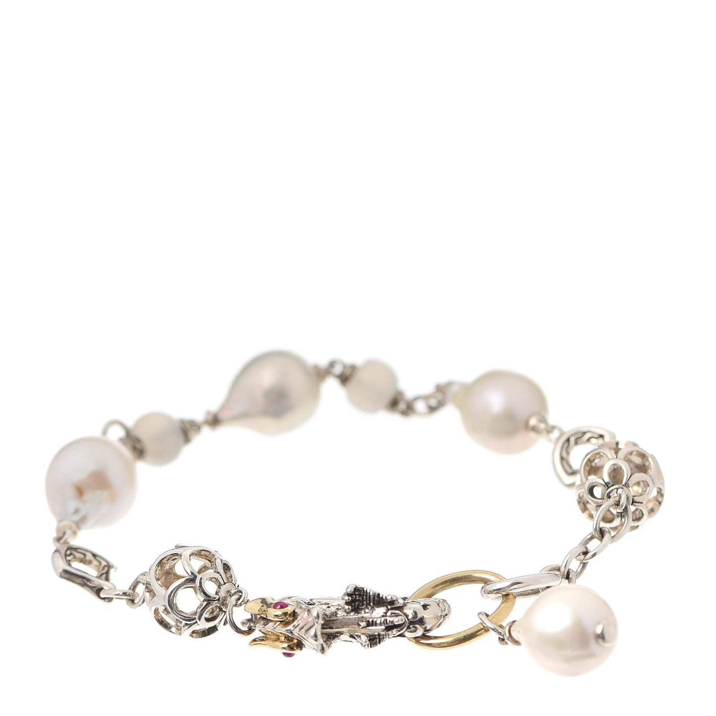 Sterling Silver 18K Yellow Gold Pearl Moonstone Ruby Naga Dragon Bracelet