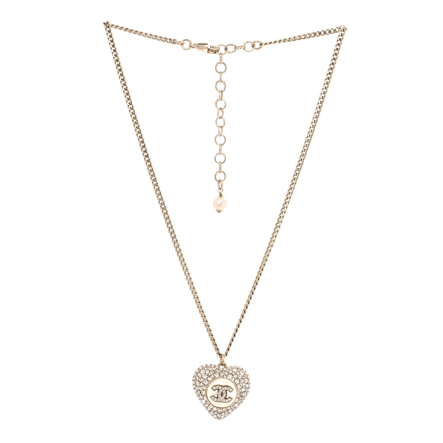Chanel Pearl Crystal CC Heart Necklace Gold 3 of 8
