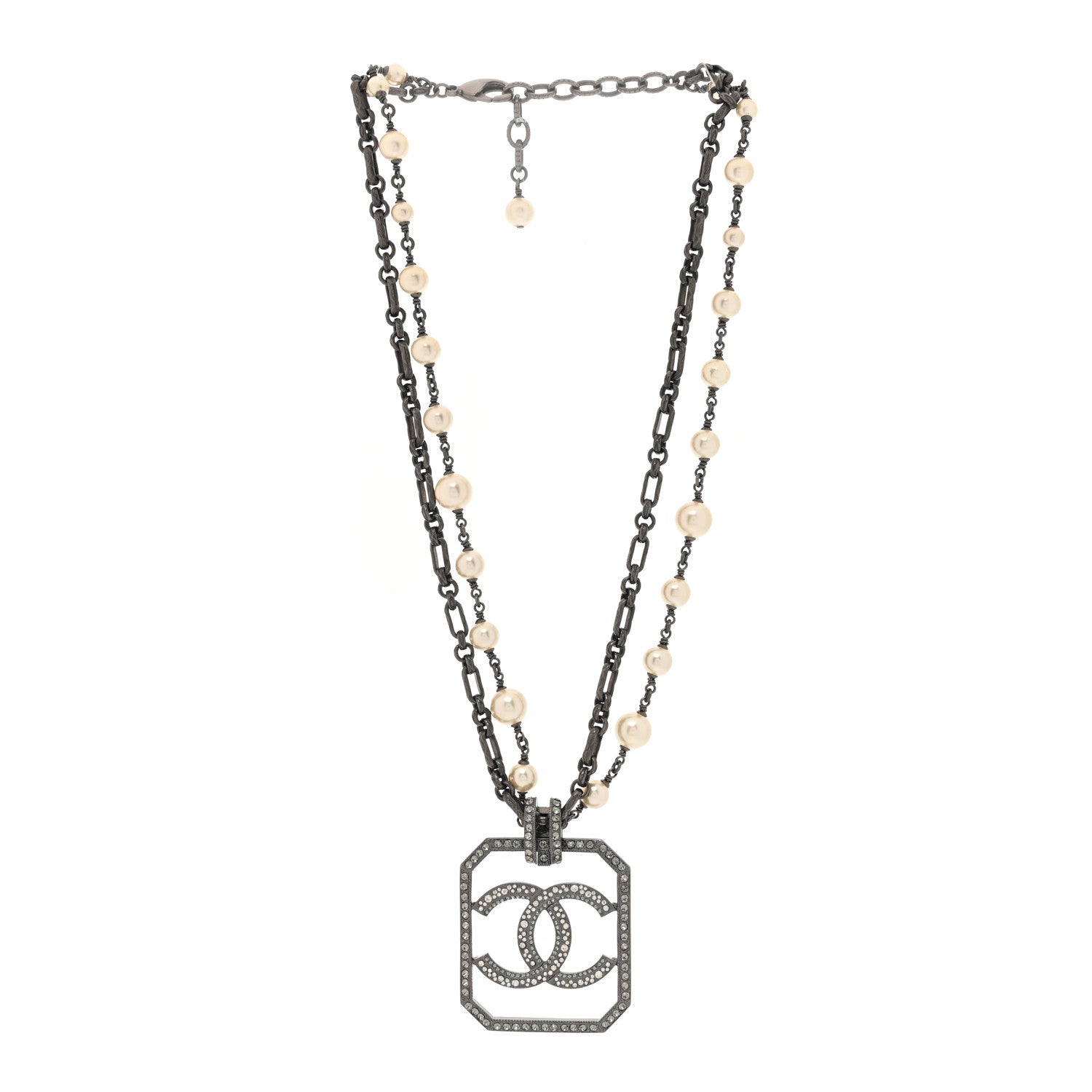 Chanel Pearl Crystal CC Double Strand Necklace Ruthenium 3 of 6
