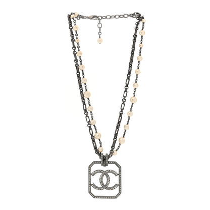 Chanel Pearl Crystal CC Double Strand Necklace Ruthenium 3 of 6
