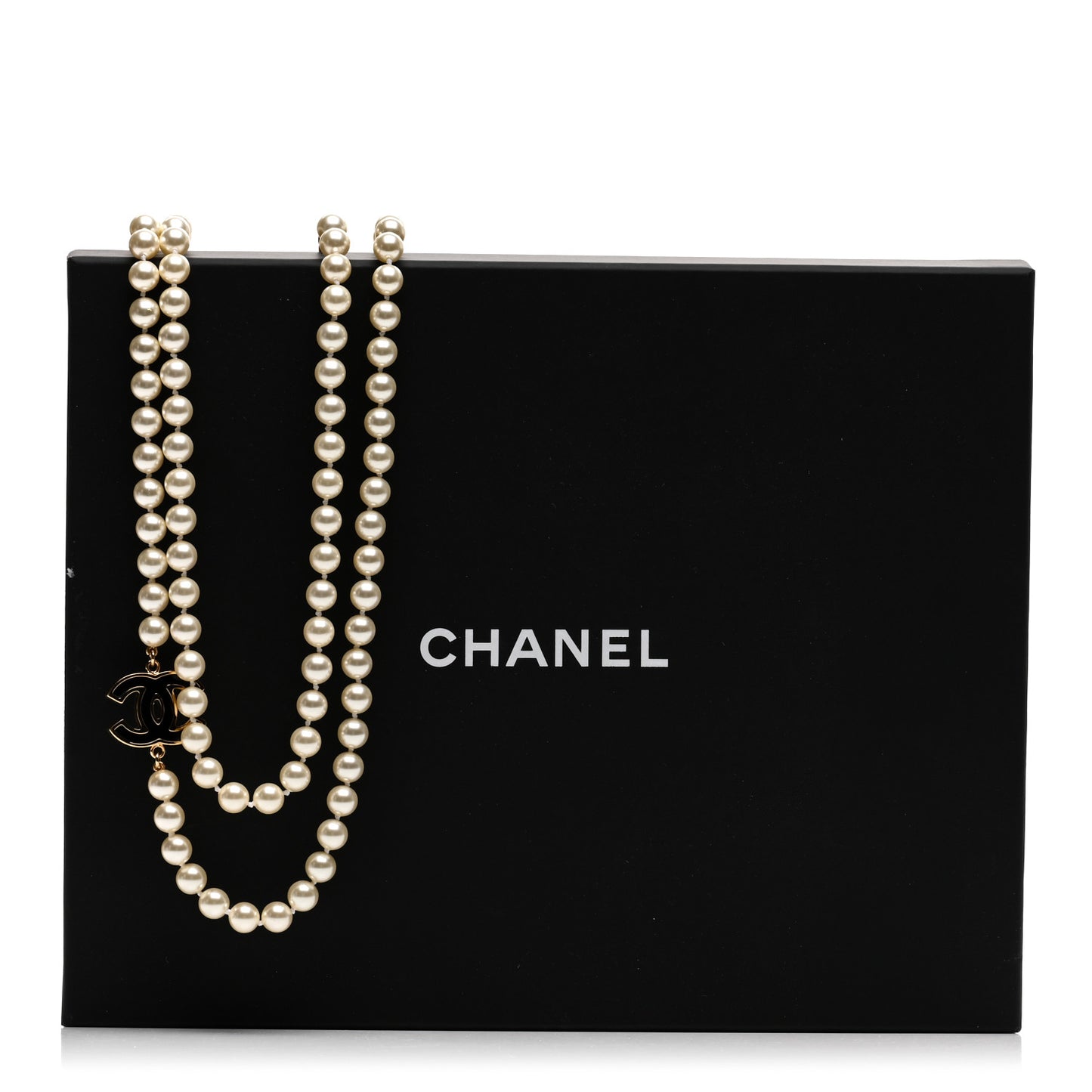 Pearl Beaded Resin CC Long Necklace Black Gold