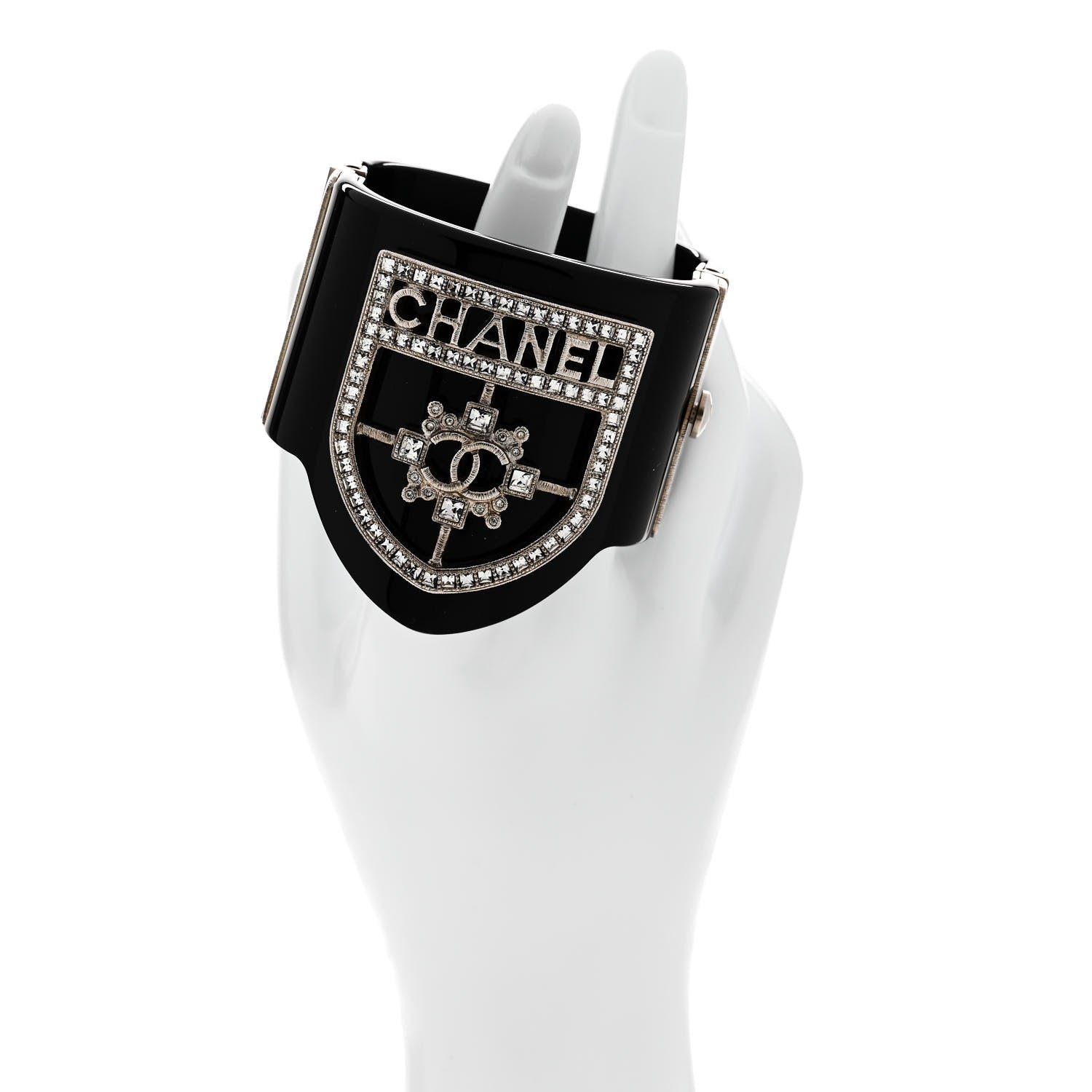 Chanel Resin Swarovski Baguette Crystal CC Shield Cuff Black 2 of 5