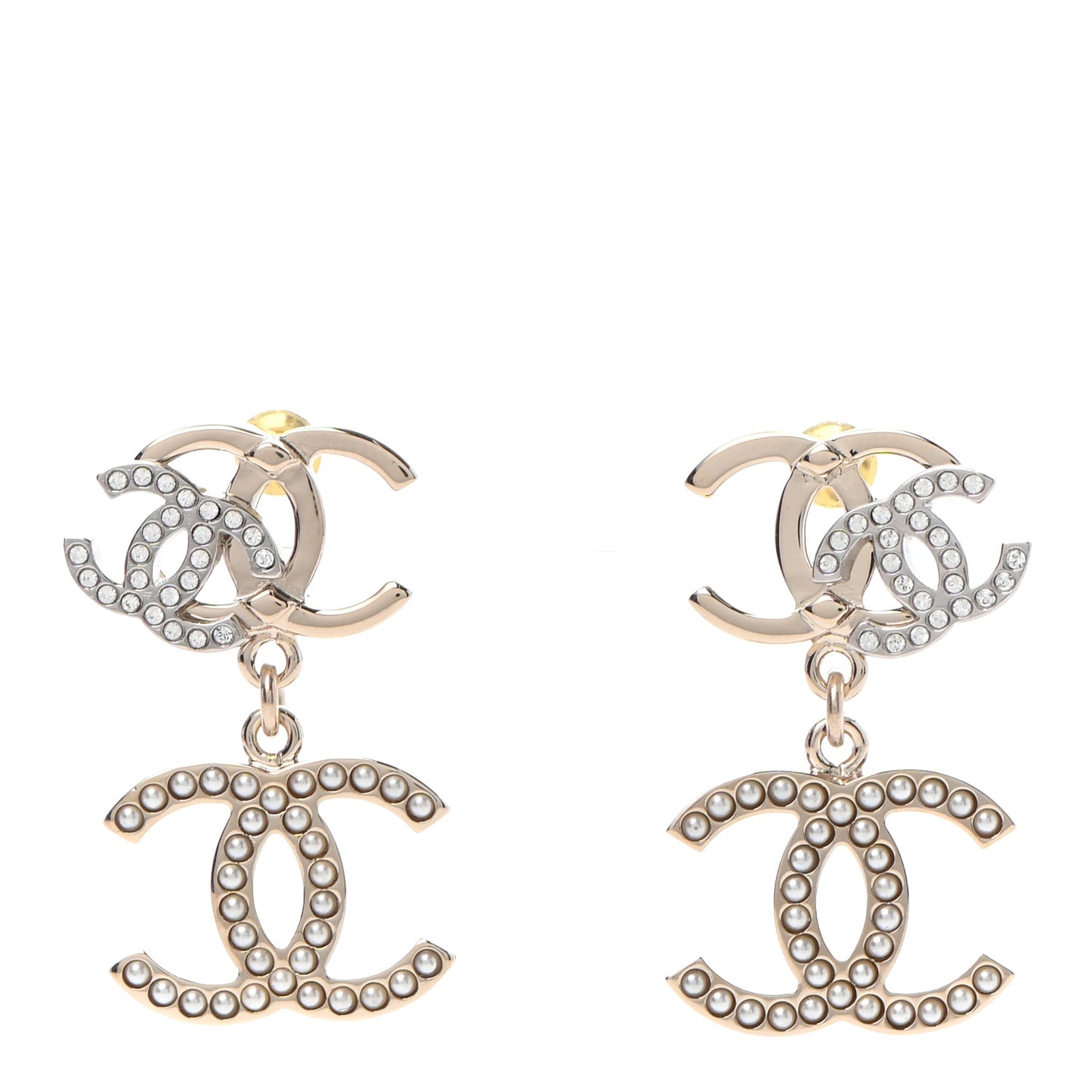 Crystal Pearl Double CC Drop Earrings Gold Silver