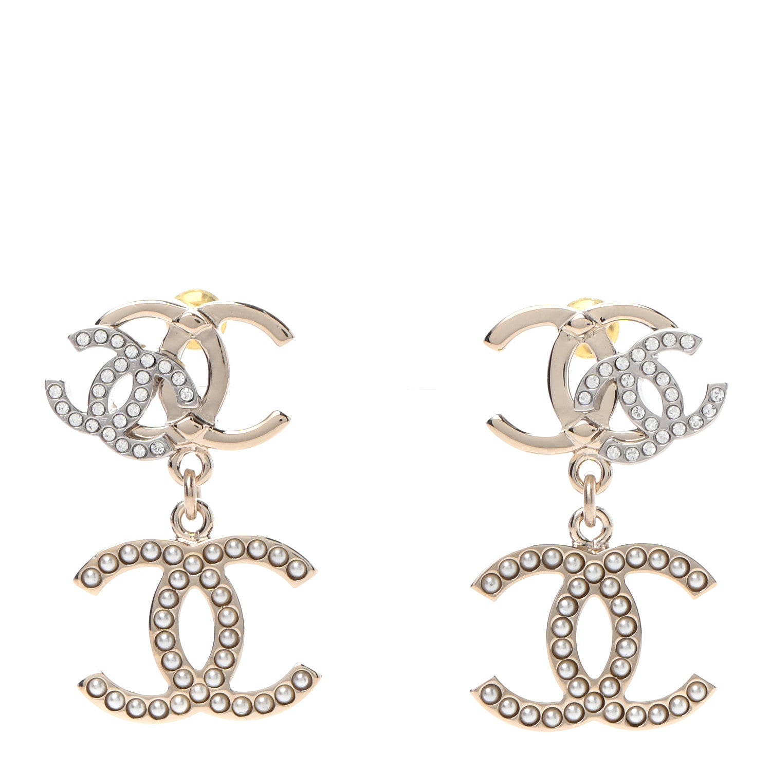 Chanel Crystal Pearl Double CC Drop Earrings Gold Silver 1 of 4