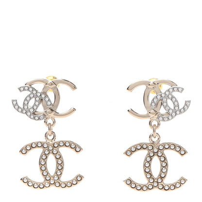 Chanel Crystal Pearl Double CC Drop Earrings Gold Silver 1 of 4