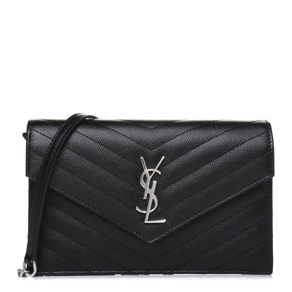 Saint Laurent Grain De Poudre Matelasse Chevron Monogram Envelope Chain Wallet Black 1 of 10
