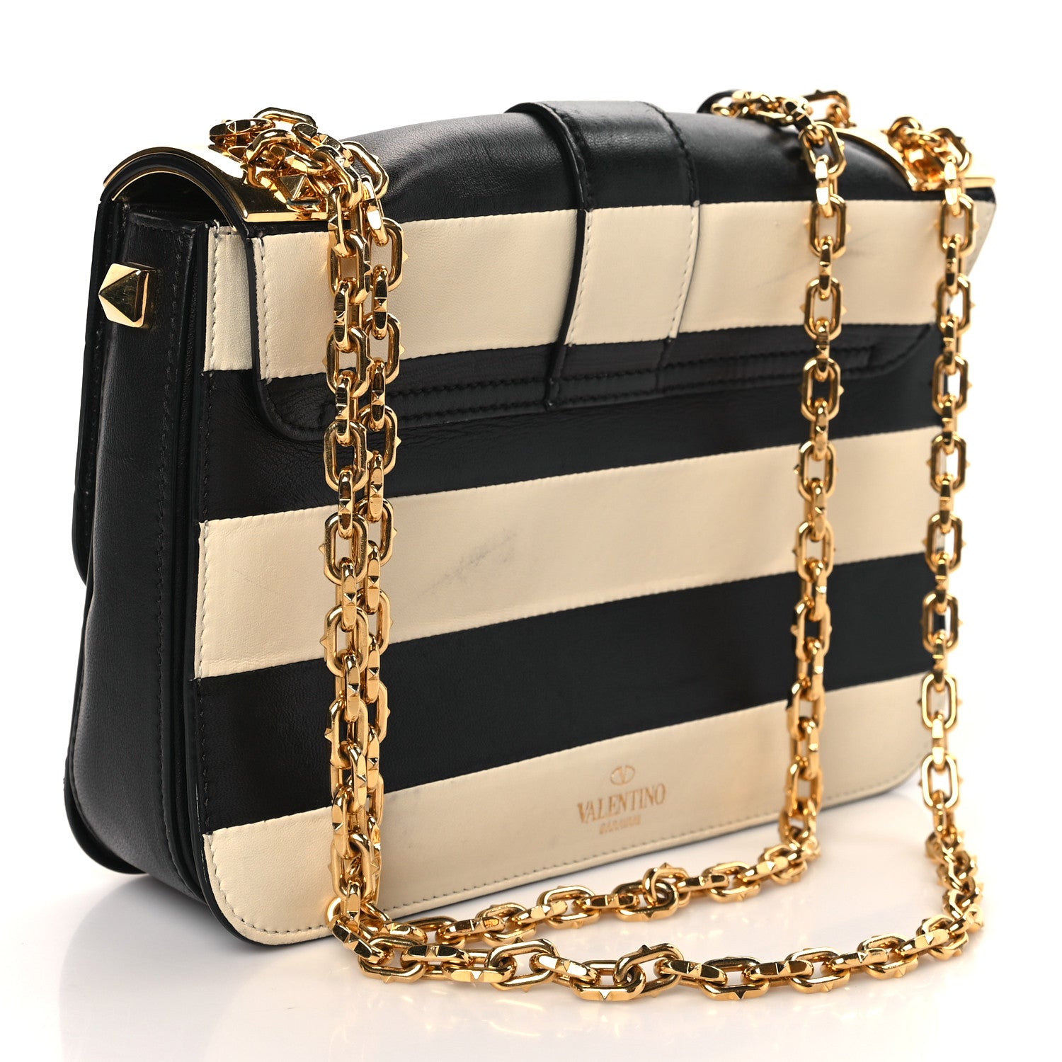 Valentino Garavani Nappa Striped B-Rockstud Flap Black Light Ivory 3 of 9