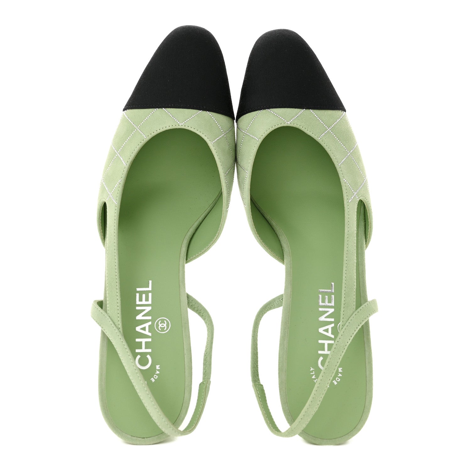 Chanel Suede Grosgrain Studded Cap Toe CC Slingback Pumps 40.5 Green Black 2 of 9
