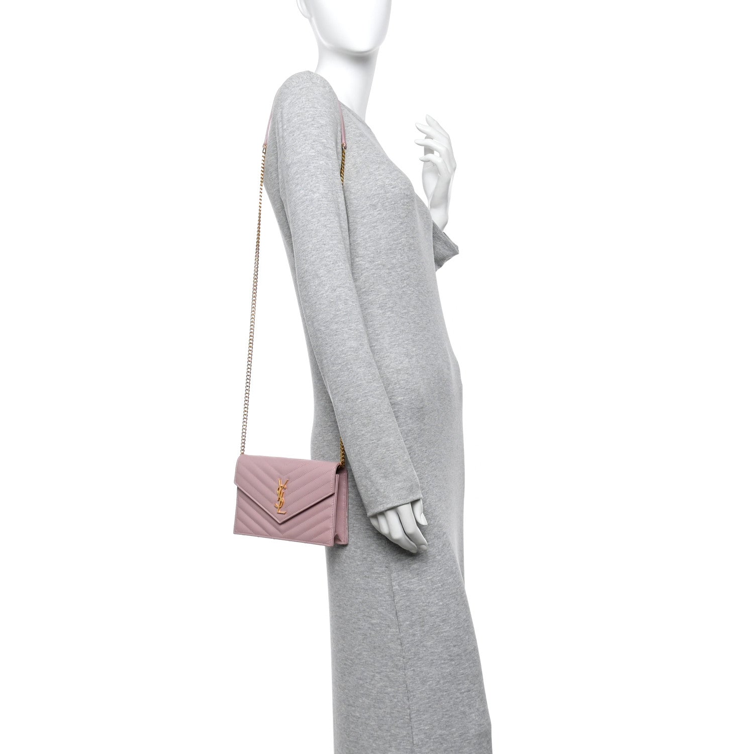 Saint Laurent Grain De Poudre Matelasse Chevron Monogram Envelope Chain Wallet Tender Pink 2 of 11