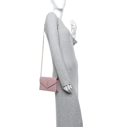 Saint Laurent Grain De Poudre Matelasse Chevron Monogram Envelope Chain Wallet Tender Pink 2 of 11