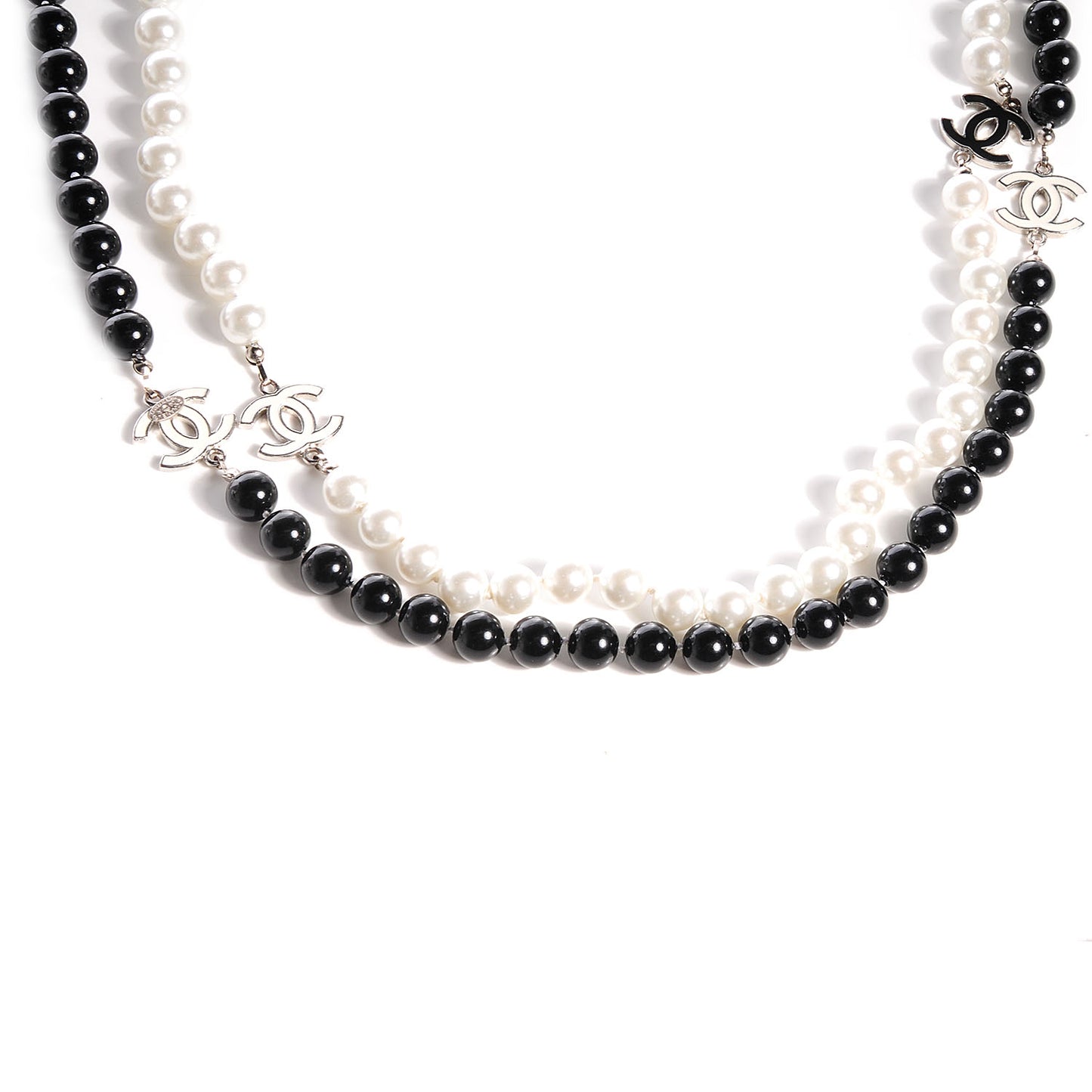 Pearl CC Beaded Long Necklace Black White
