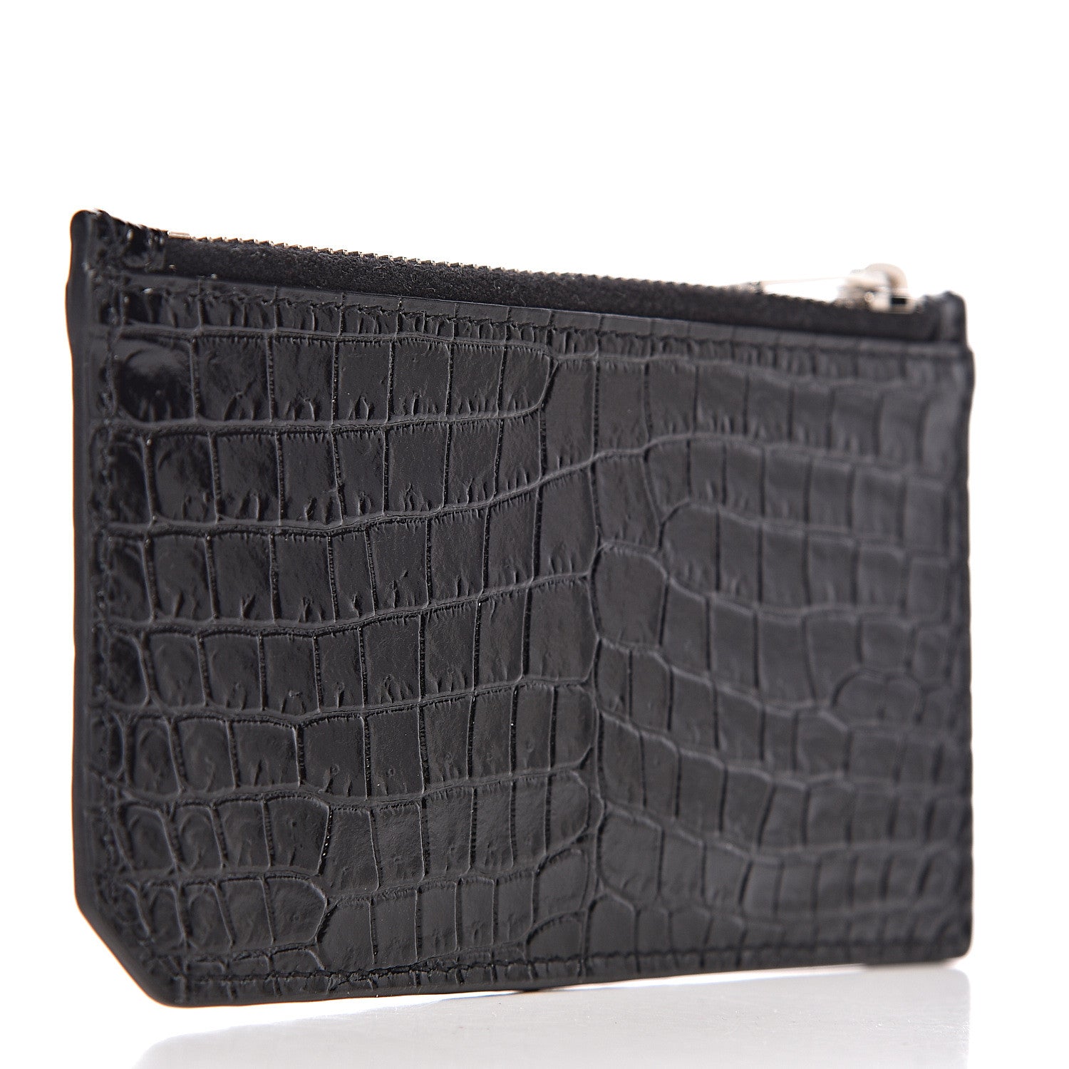 Saint Laurent Calfskin Crocodile Embossed 5 Fragments Zip Pouch Card Holder Black 3 of 8