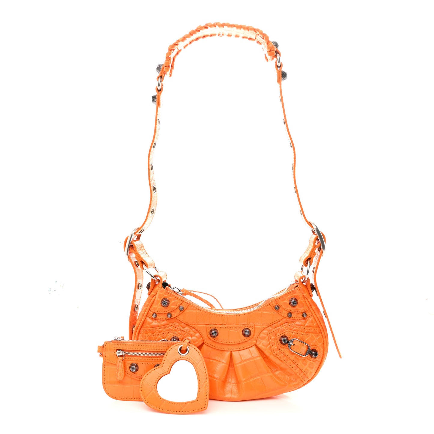 Extra Supple Calfskin Crocodile Embossed Le Cagole Shoulder Bag XS Pop Orange