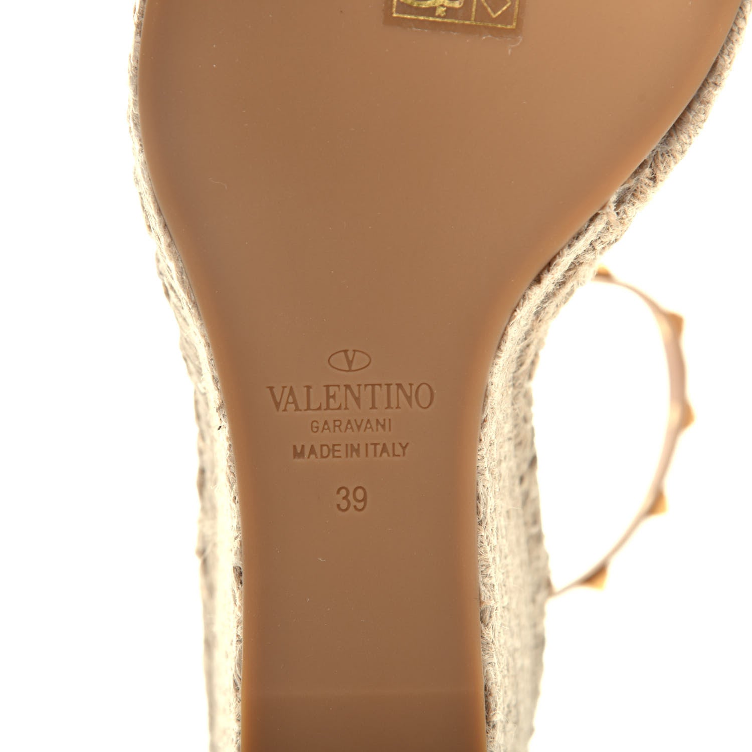 Valentino Garavani Metallic Pebbled Calfskin Rockstud Ankle Strap Espadrille 15/105mm Wedge Sandals 39 Antique Brass Natural 8 of 8