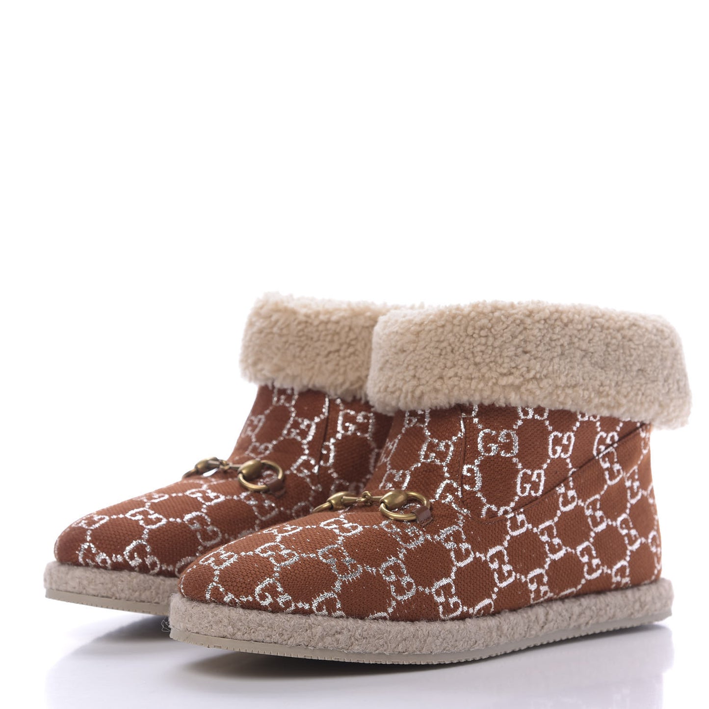 Canvas Wool Lame GG Monogram Womens Fria Horsebit Ankle Boots 39 Burnt Orange Silver Butterscotch