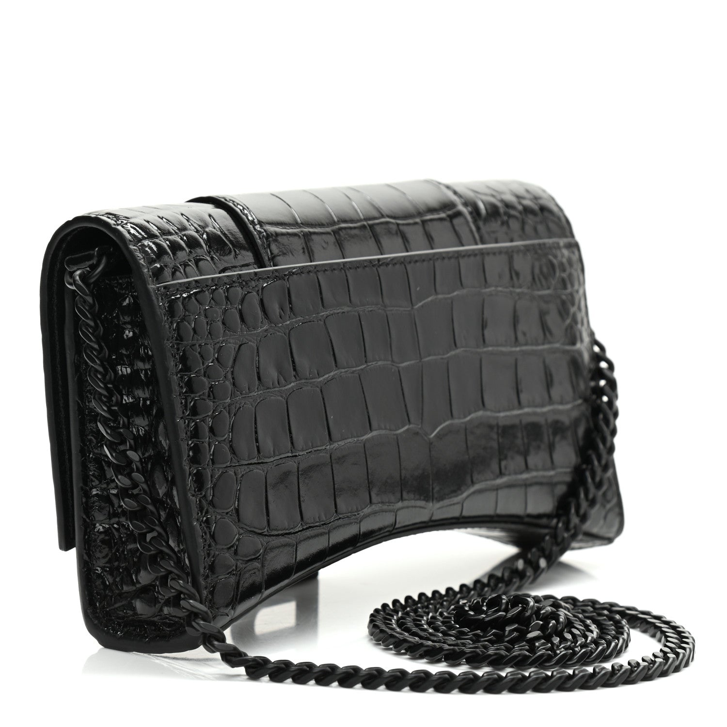 Balenciaga Shiny Calfskin Monochrome Crocodile Embossed Hourglass Chain Bag Black 3 of 9