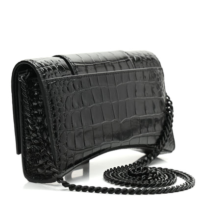 Balenciaga Shiny Calfskin Monochrome Crocodile Embossed Hourglass Chain Bag Black 3 of 9