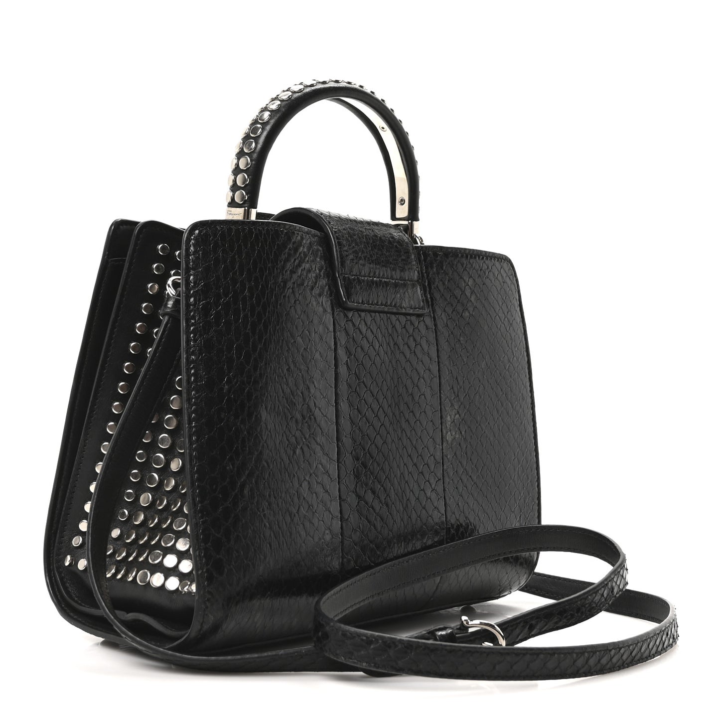 Snakeskin Studded Thalia Top Handle Black