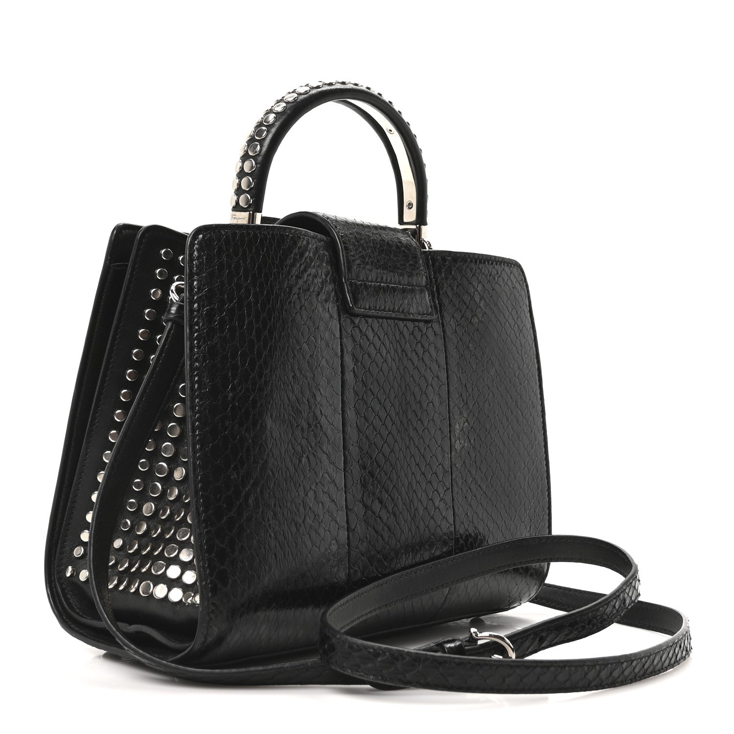Salvatore Ferragamo Snakeskin Studded Thalia Top Handle Black 3 of 9