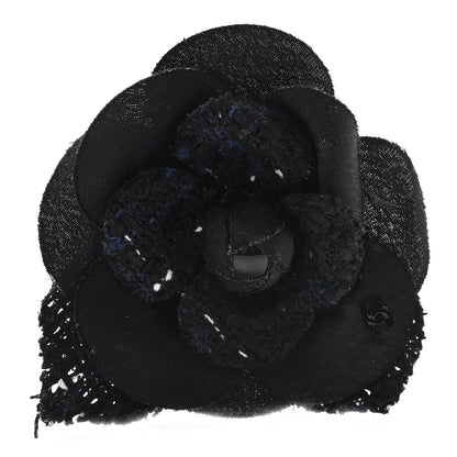 Chanel Tweed Camellia Pin Brooch Black White 1 of 4